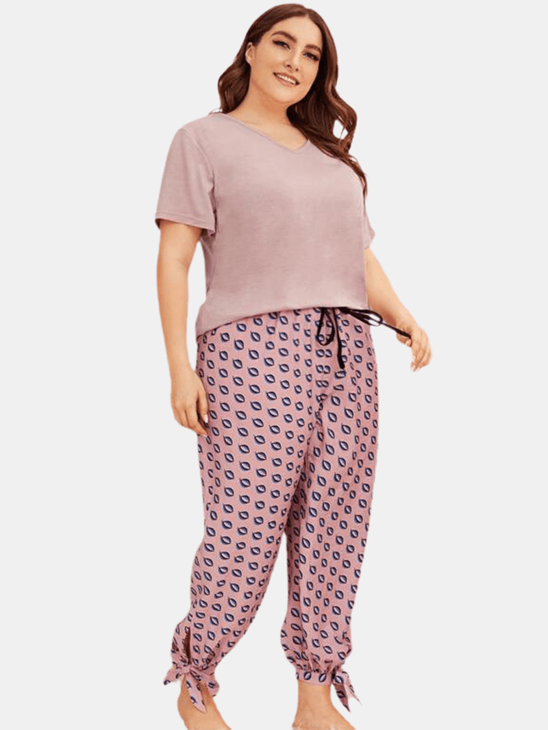 Plus Size Women Solid Color V-Neck Top Print Drawstrig Tie Beam Feet Long Pants Home Pajama Sets - MRSLM