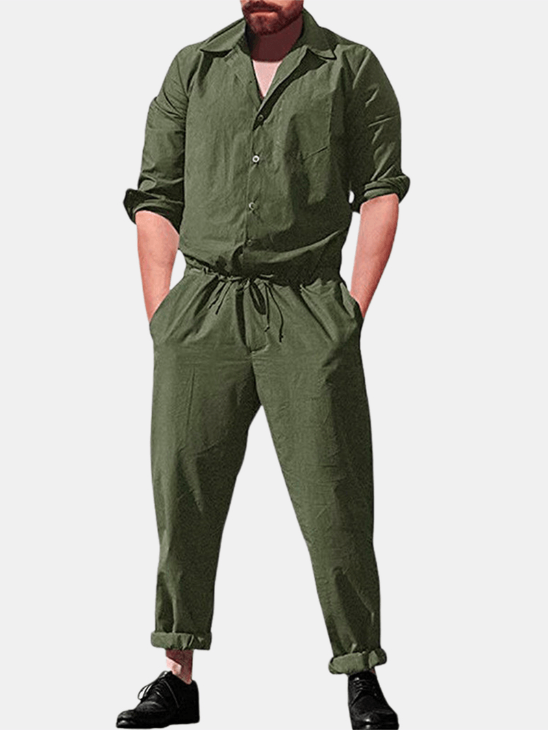 Men Casual Romper Long Sleeve Jumpsuit Stand Collar Military Overalls Cargo Pants - MRSLM