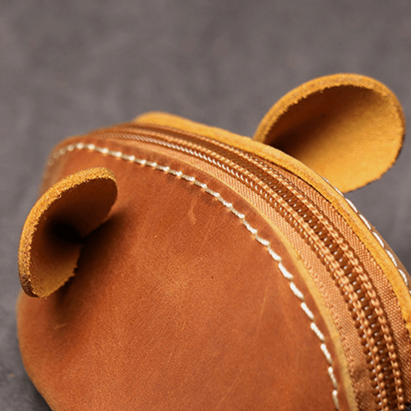 Genuine Leather Solid Cute Cartoon Mouse Look Multifunction Hand Carry Key Coin Bag Storage Bag - MRSLM