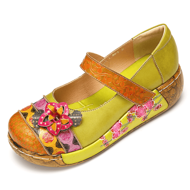 Women Genuine Leather Folkways Vintage Flowers Hook Loop Summer Platform Wedge Sandals - MRSLM