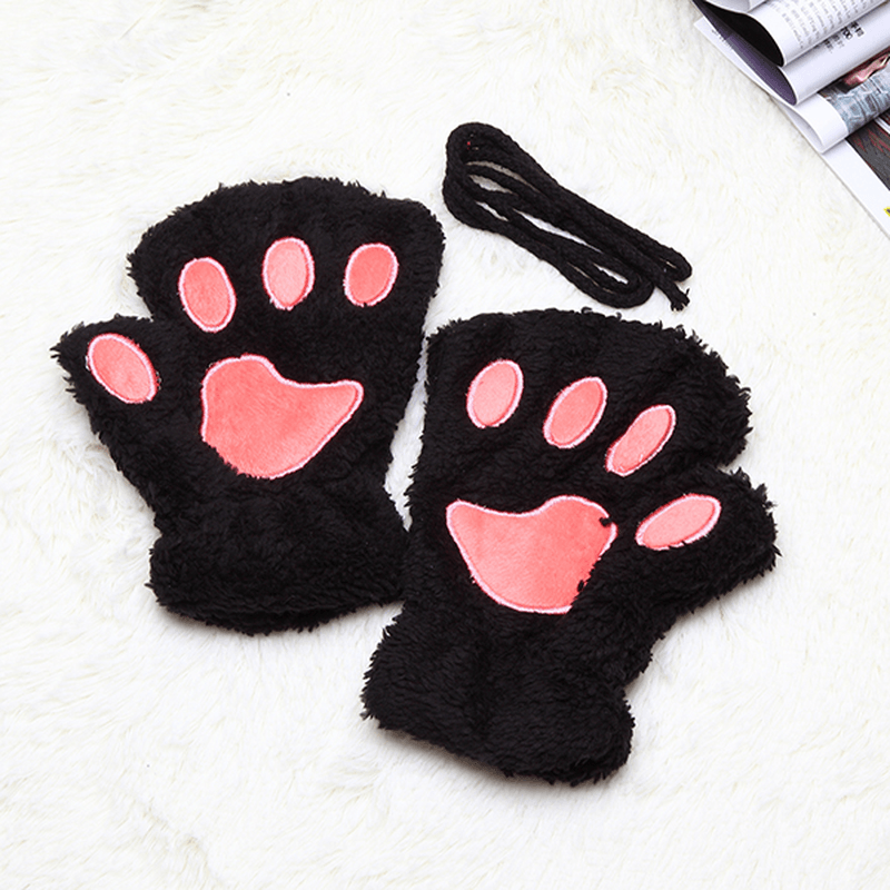 Women Girls Fluffy Plush Bear Cat Paw Fingerless Gloves Paw Glove Winter Warm Mittens - MRSLM