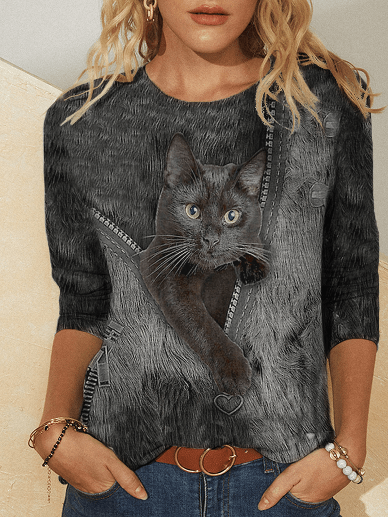 Women Cute Black Cat Print round Neck Casual Long Sleeve Blouses - MRSLM