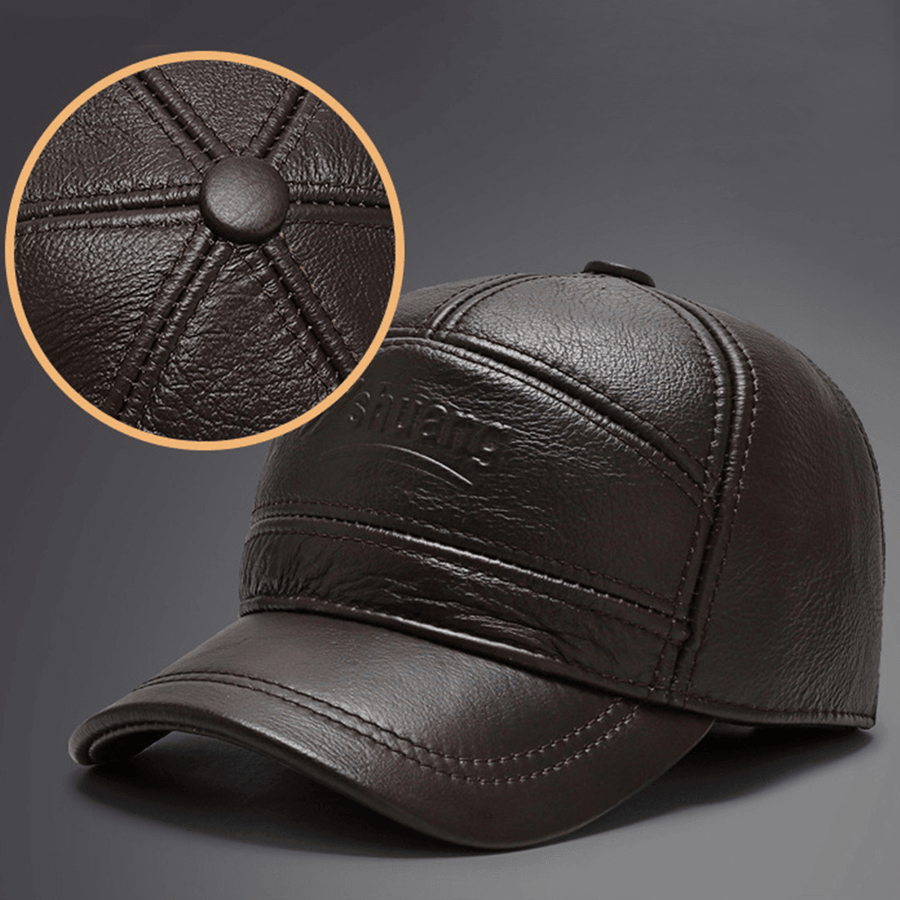 Men Genuine Leather plus Thicken Warm Outdoor Windproof Ear Protection Baseball Hat - MRSLM