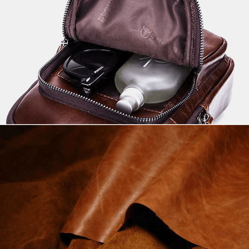 BULLCAPTAIN Men Multi-Pocket Cowhide Chest Bag Casual Sports Multifunctional Large Capacity Crossbody Bag Shoulder Bag - MRSLM