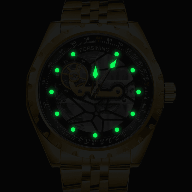 FORSINING F9005 Luxury Fashion Skeleton Hollowed Luminous Dial Genuine Leather Strap 3ATM Waterproof Men Automatic Mechanical Watch - MRSLM
