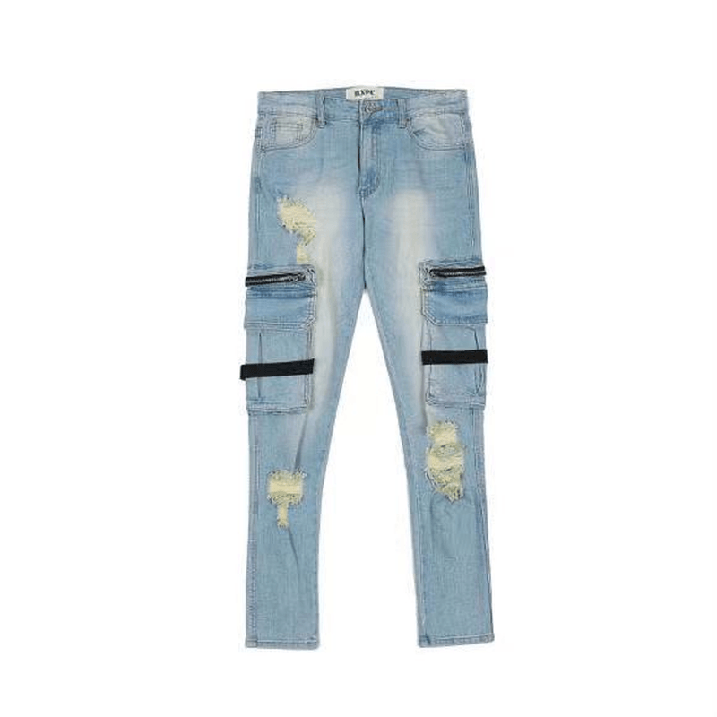 Destroyed Zipper Straps Washed Distressed Jeans - MRSLM