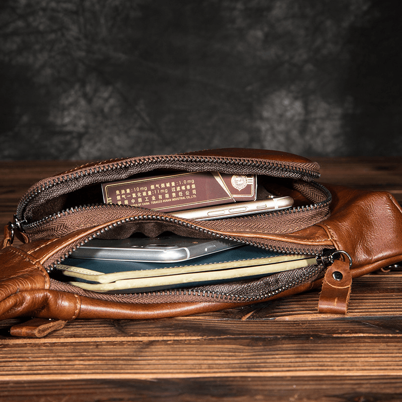 Men Genuine Leather Multi-Pocket Retro 9 Inch Large Capacity Waterproof Phone Chest Bags Crossbody Bag - MRSLM