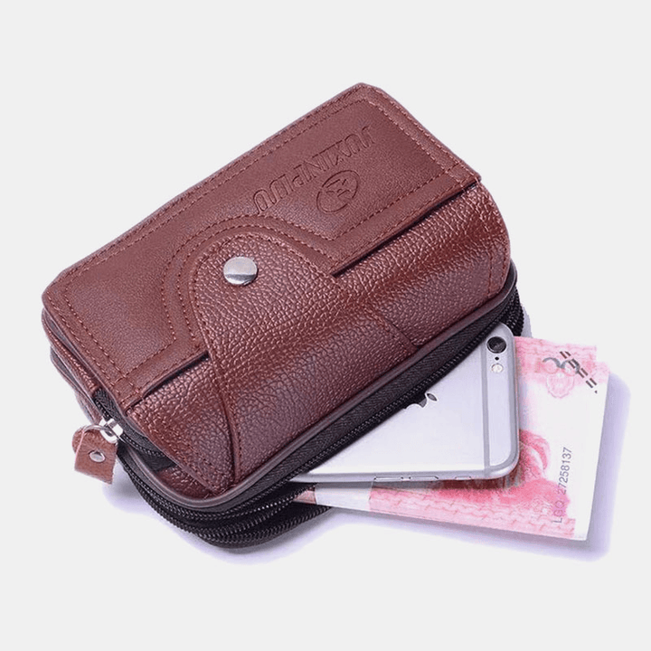 Men PU Leather Three-Layers Multifunction Waterproof Vintage Business 5.8 Inch Phone Bag Waist Bag - MRSLM