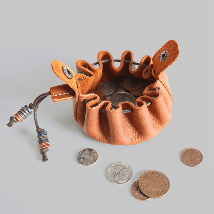 Handmade Top Layer Cow Leather Coin Purse Genuine Leather Drawstring Coin Bag for Men and Women - MRSLM