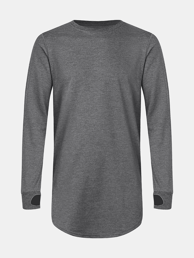 Mens Solid Color Cotton Ripped Cuff Long Sleeve Loose T-Shirts - MRSLM