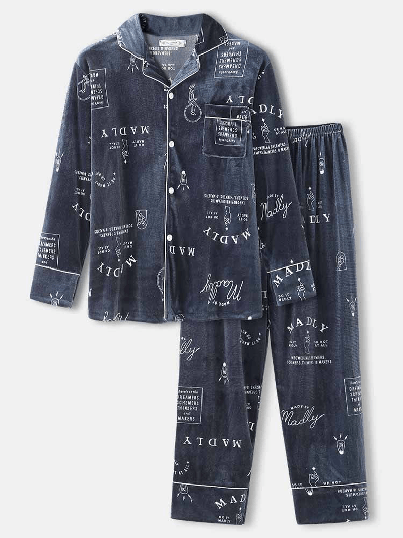 Mens Simple Graffiti Letter Print Shirt Elastic Waist Pants Velvet Warm Home Pajama Set - MRSLM
