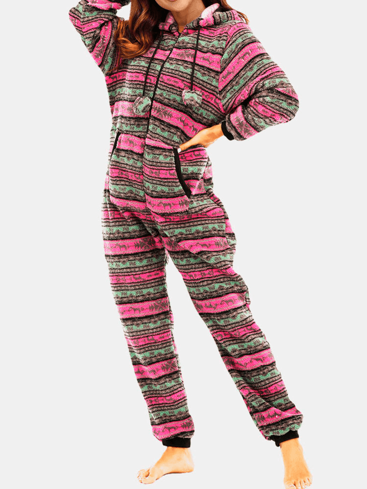 Women Christmas Fleece Striped Home Drawstring Long Sleeve One Sets Hooded Pajamas - MRSLM