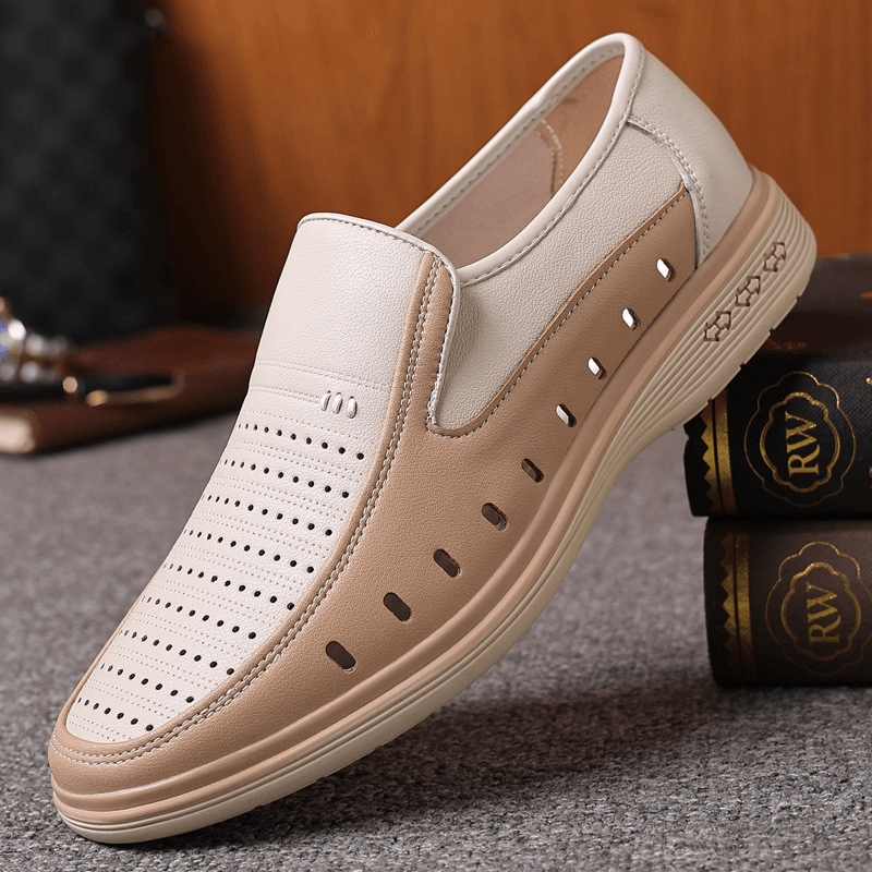 Men Cowhide Hollow Out Breathable Soft Bottom Slip on Casual Leather Shoes - MRSLM