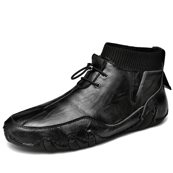 Menico Men Genuine Leather Soft Bottom Non Slip Elastic Laces Warm Sock Casual Martin Boots - MRSLM