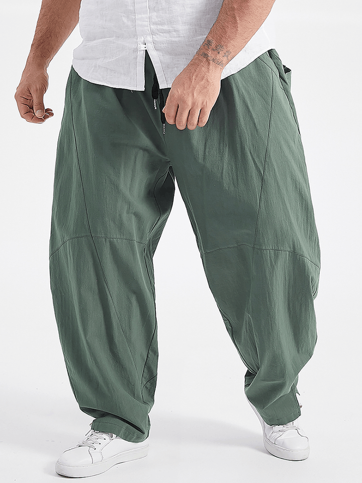 Plus Size Mens 100% Cotton Solid Color Loose Wide Leg Pants with Pocket - MRSLM