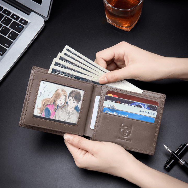Men Bifold Wallets Genuine Leather RFID Anti-Theft Brush Multi-Card Slot Card Holder Money Clip Cowhide Wallets - MRSLM