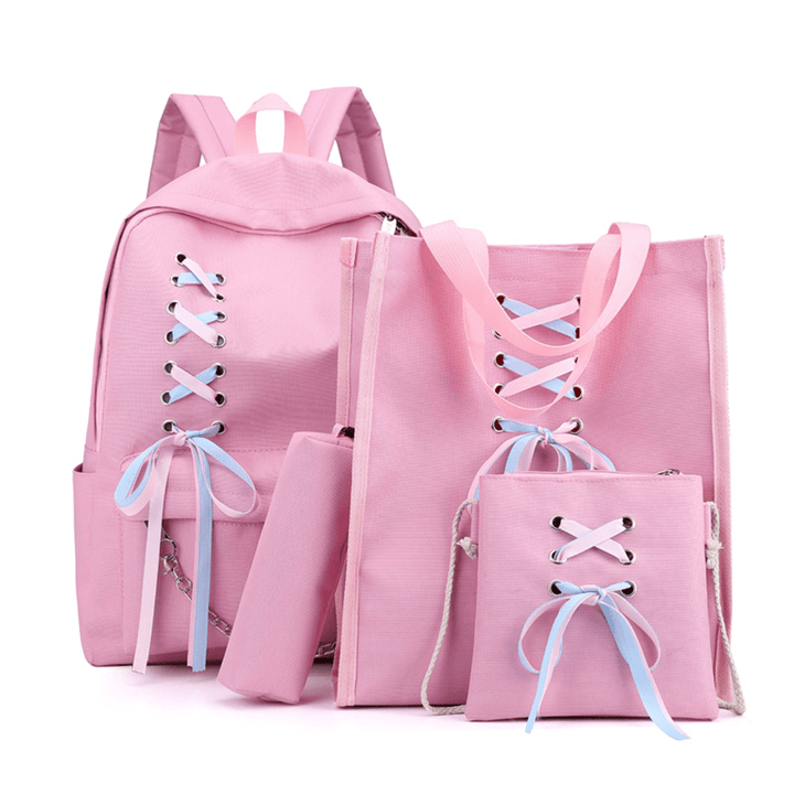 4Pcs/Set Canvas Backpack Rucksack Teenage Girls School Bag Handbag Outdoor Travel - MRSLM
