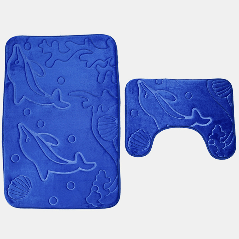 2Pcs 3D Dolphin Flannel Toilet Lid Bath Rugs Soft Floor Home anti Slip Shower Carpets Bathroom Mat Set - MRSLM
