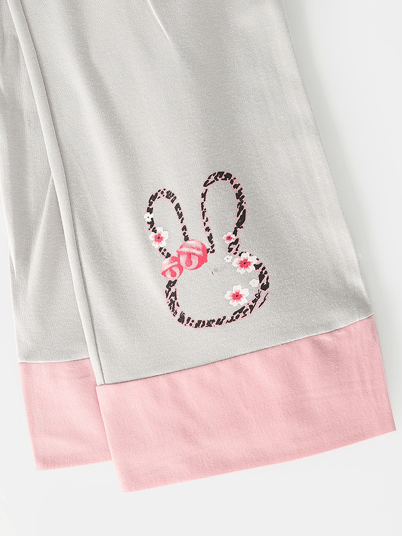 Women Letter Print Cartoon Rabbit Pattern Pullover Pocket Gery Pants Home Cute Pajama Set - MRSLM