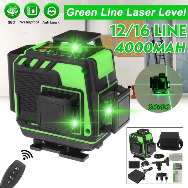 12/16 Line 4D 360° Rotary Green Light Laser Level Self Leveling Cross Measure Tool Set - MRSLM