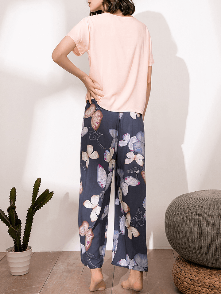 Women Short Sleeve Tops Tropical Floral Print Wide Leg Pants Soft Pajama Set - MRSLM