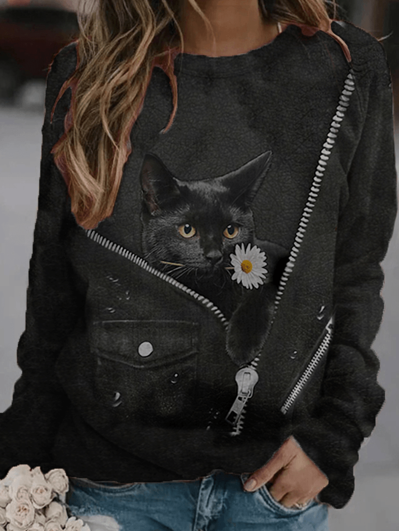 Women Cute Black Cat Daisy Print O-Neck Casual Long Sleeve Sweatshirts - MRSLM