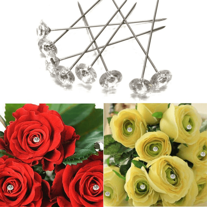 100Pcs Clear Diamante Flowers Pins Wedding Bouquet Supplies Diamond Corsage Florist Craft - MRSLM