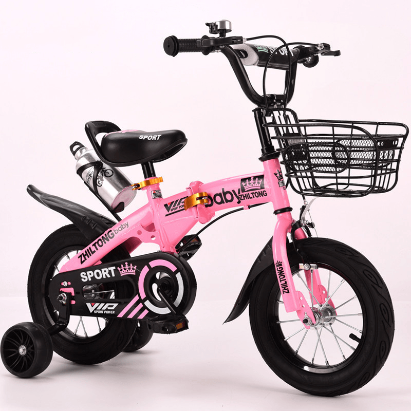 12Inch 4 Wheels Kids Adjustable Folding Balance Bike with Kettle Shelf＆Flashing Wheels Baby Children Bicycle for Aged 2-4 Boys＆Girls Gifts - MRSLM