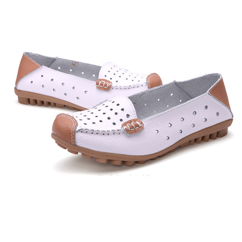 Women Genuine Leather Casual Flat Shoes Slip-On Leisure Shoes Breathable Ballet Shoes - MRSLM