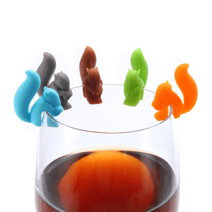 KC-GC01 5Pcs Silicone Cute Squirrel Tea Bag Holder Wine Glass Charms Drinks Maker Bar Tools - MRSLM