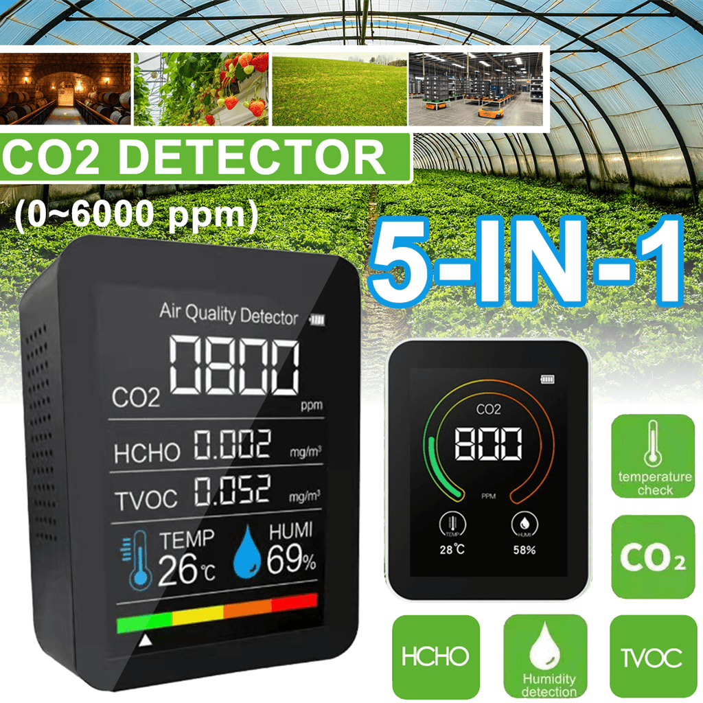 5-In-1 CO2 Meter TFT Screen Air Quality Monitor Temperature and Humidity Sensor Tester TVOC Formaldehyde Detection HCHO Detector Carbon Dioxide Detector - MRSLM