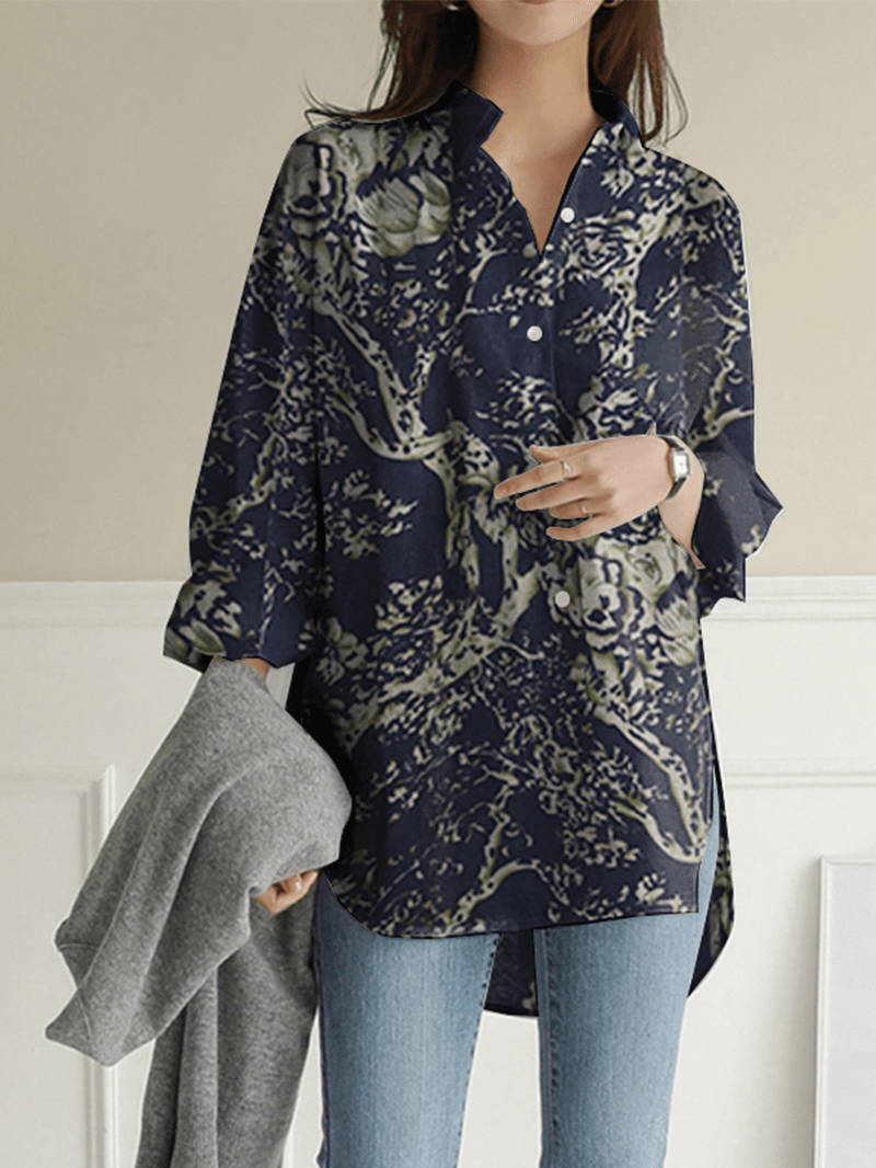 Women Floral Print Lapel Collar High Low Split Hem Long Sleeve Casual Shirts - MRSLM