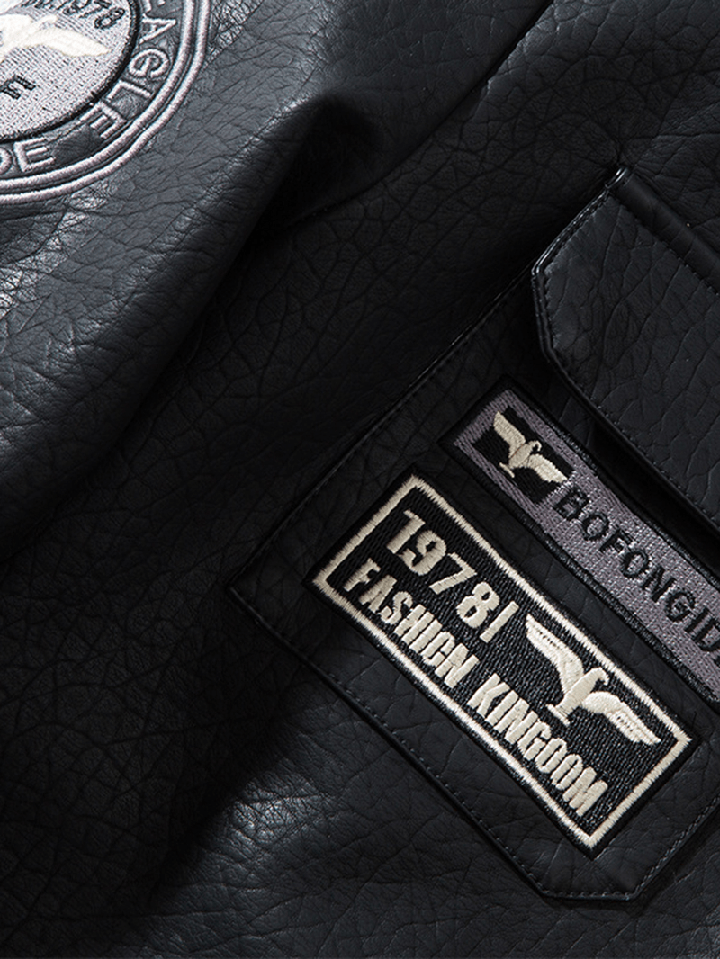 Mens Embroidery Multi Pockets Zipper Lapel PU Leather Motorcycle Jackets - MRSLM