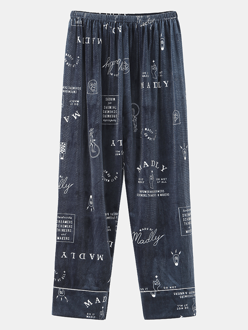 Mens Simple Graffiti Letter Print Shirt Elastic Waist Pants Velvet Warm Home Pajama Set - MRSLM