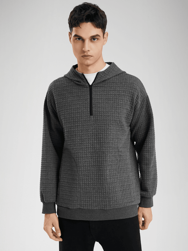 Men Corduroy Solid Half Zip Simple Drop Shoulder Casual Hooded Sweatshirt - MRSLM