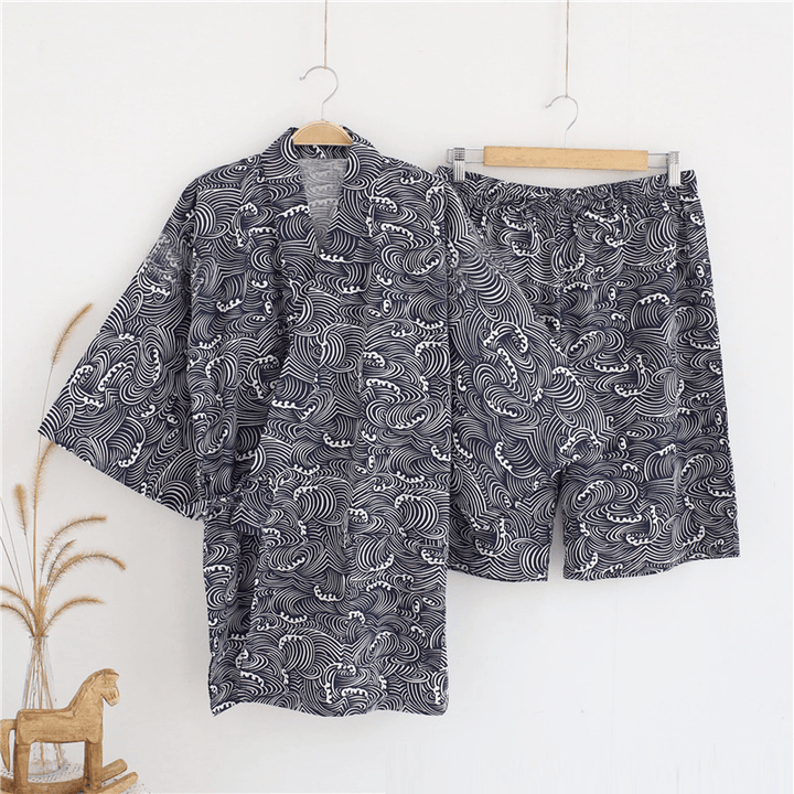2PCS Men'S Kimono Yukata Pyjamas Japanese Style Bathrobe Floral Print Sleepwear - MRSLM