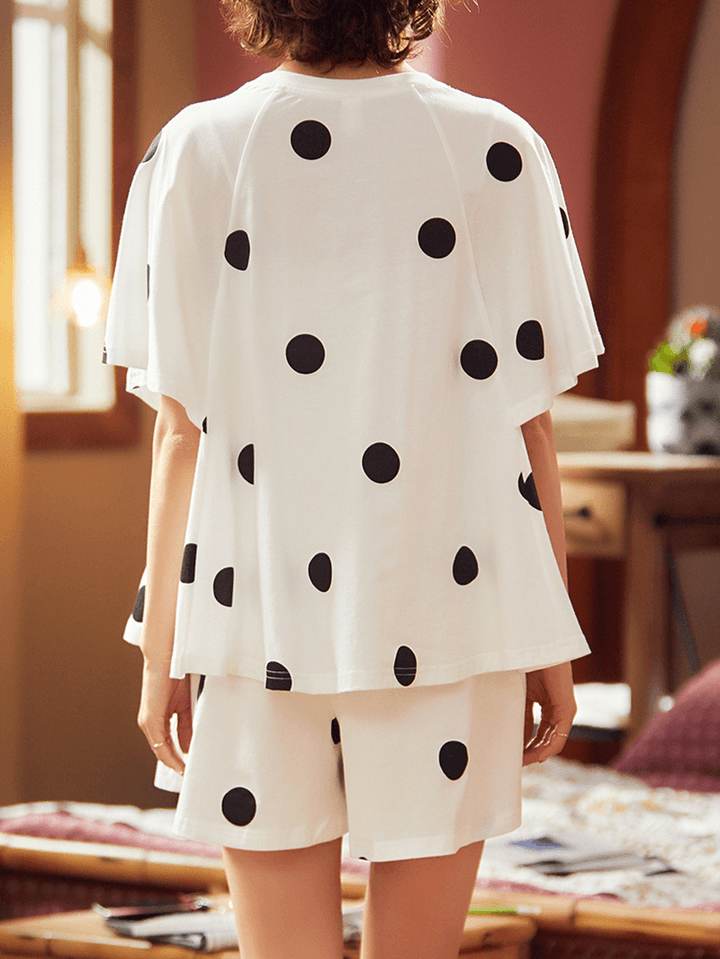 Women Polka Dot Print round Neck Short Sleeve Shorts Casual Pajama Sets - MRSLM