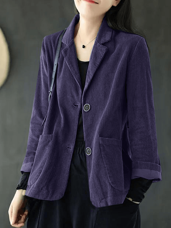Women Corduroy Solid Korean Style Button down Front Pockets Coats - MRSLM
