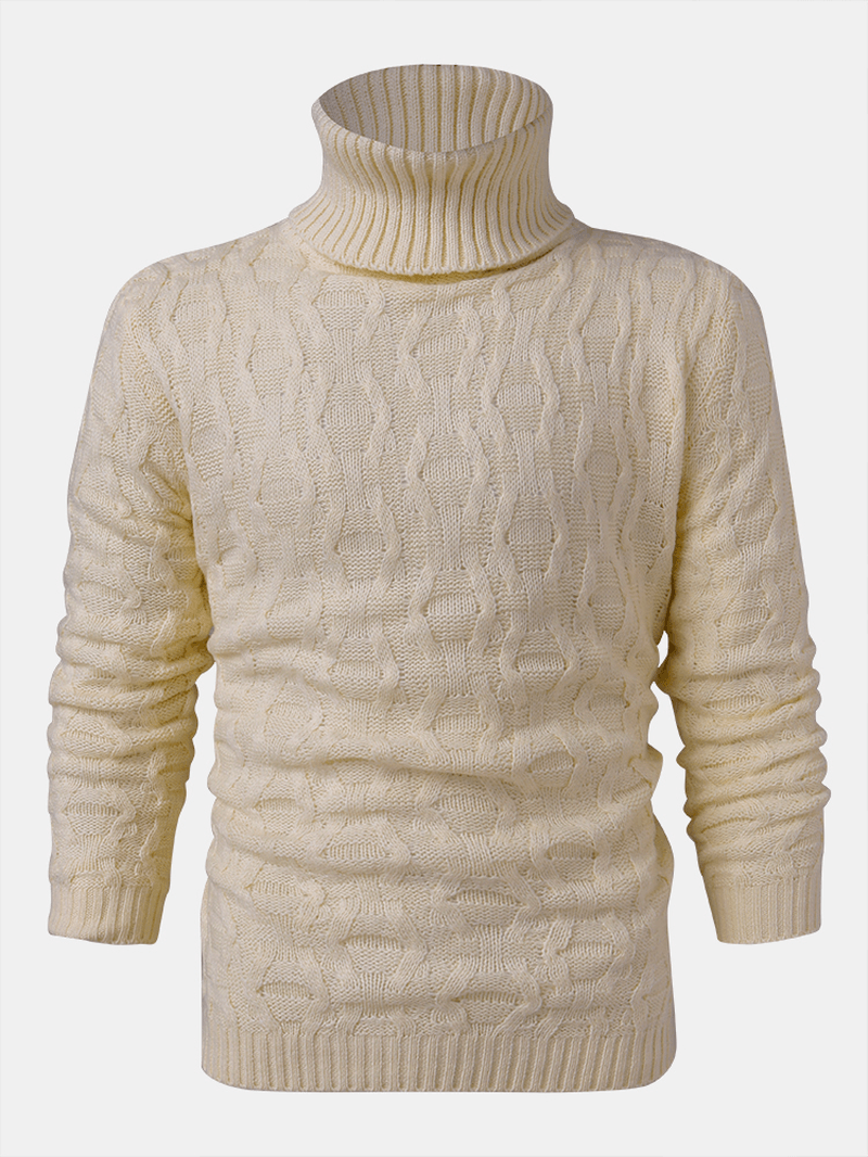 Mens Solid Color Twisted Cable Knit High Neck Slim Fit Casual Sweater - MRSLM