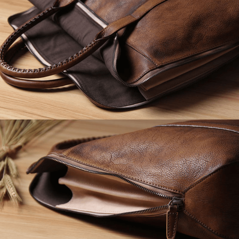Retro Genuine Leather Men's Multi-Pocket Briefcase for 15.6 Inch Laptops - Business Handbag and Crossbody Bag - MRSLM