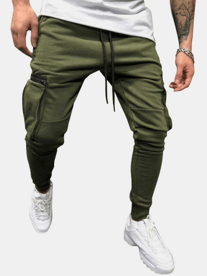 Mens Zipper Pockets Drawstring Waist Casual Solid Jogger Pants - MRSLM