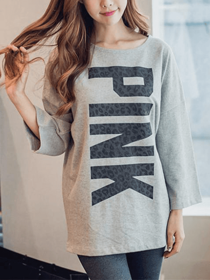 Womens Letter Print Ruond Neck Long Sleeve Home Casual Pajama Set - MRSLM