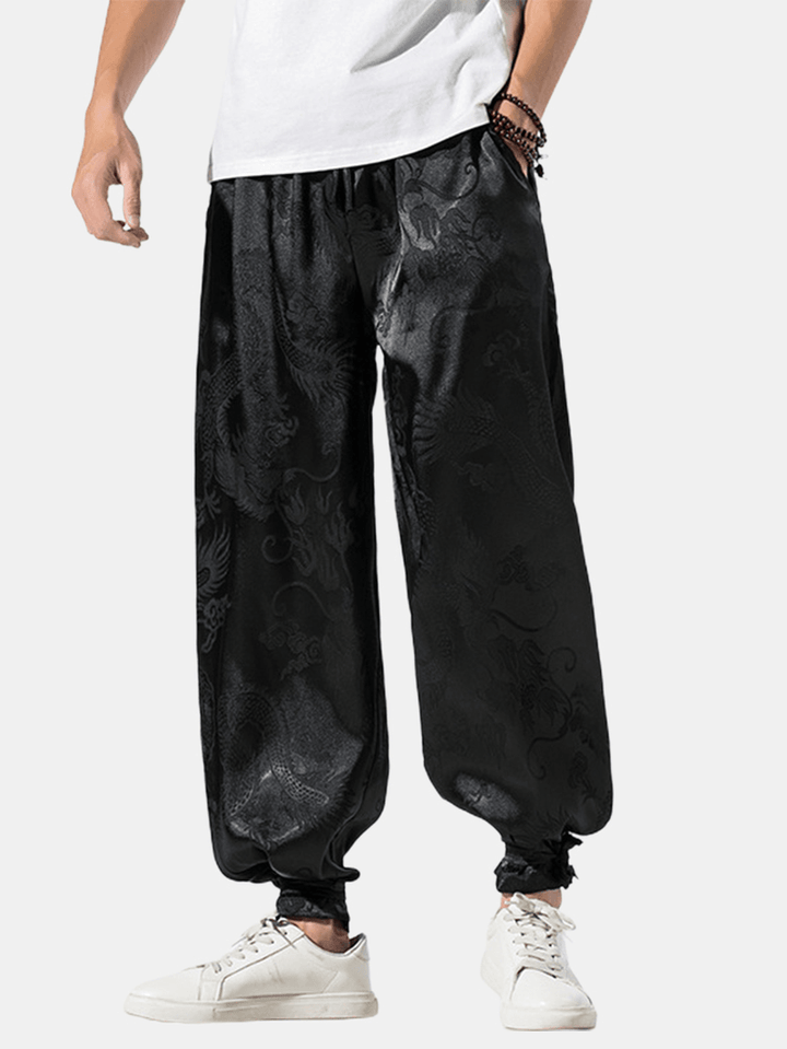 Mens Chinese Style Elastic Waist Tie Feet Casual Pants with Pocket - MRSLM