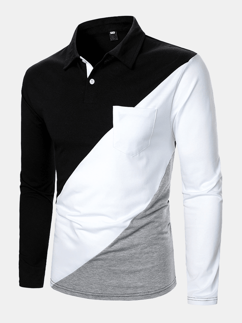 Mens Tricolor Patchwork Long Sleeve Golf Shirts with Chest Pocket - MRSLM