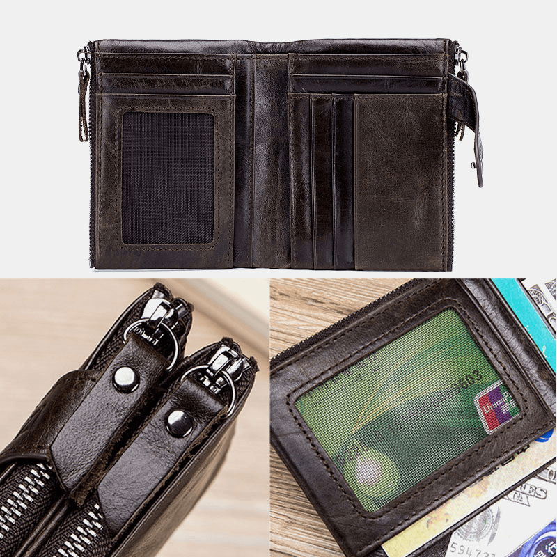 Men Genuine Leather Anti-Theft Zipper Multi-Slot Business Retro Leather Card Holder Wallet - MRSLM