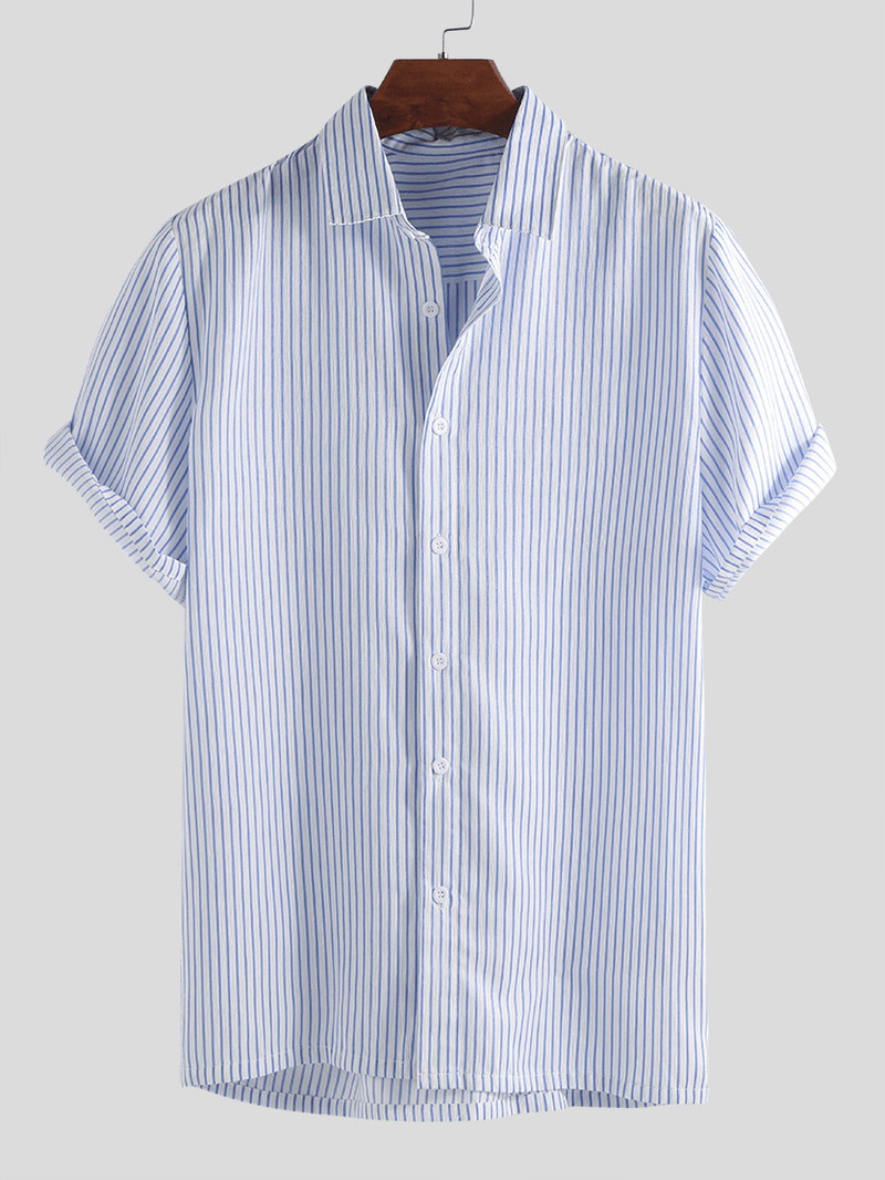 Men Stripe Short Sleeve Turn down Collar Shirts - MRSLM