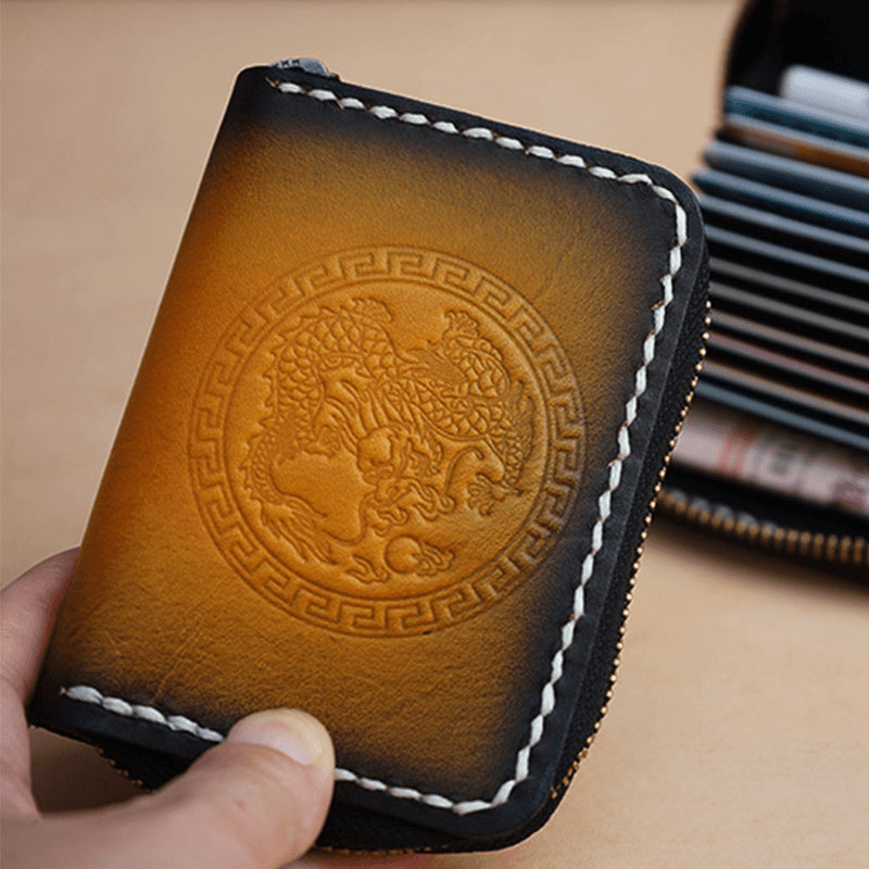 Men Gradient First Layer Cowhide Zipper Wallets RFID Anti-Magnetic Multi-Card Slot Card Holder Coin Purse - MRSLM