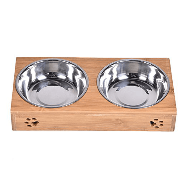 Double Pet Dog Bowl Stainless Steel Pet Bowl Bamboo Bottom Food Water Dual-Use Pet Bowl - MRSLM