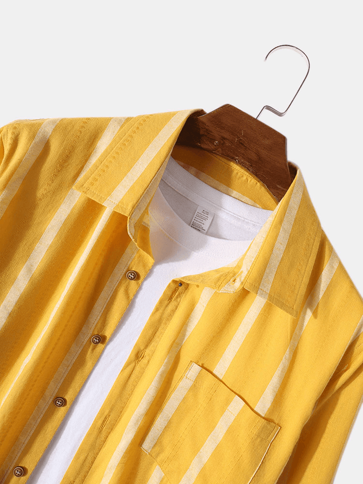 Mens Vertical Stripe Button up 100% Cotton Casual Long Sleeve Shirts - MRSLM
