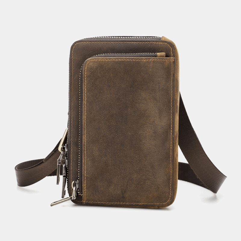 Men Vintage Genuine Leather Zip Side Convertible Straps Crossbody Bag Large Capacity Belt Bag Waist Bag - MRSLM